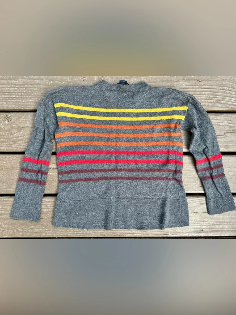 Pendleton Gray Crewneck Sweater with Yellow, Orange and Pink Stripes